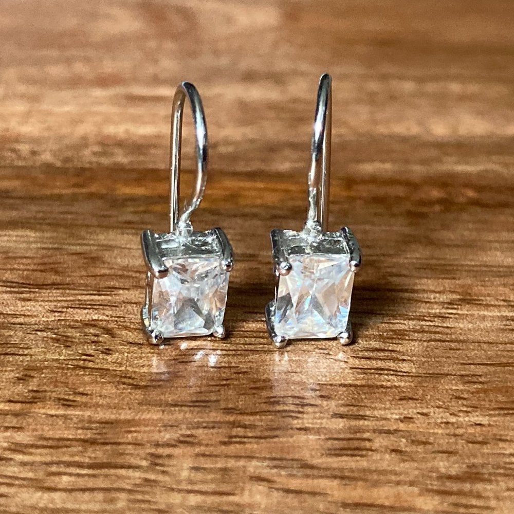 Emerald Cut Cubic Zirconia Leverback Earrings Set in Sterling Silver